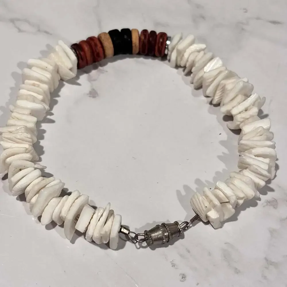 Handmade White Puka Shell Chip and Wood Bead Surfer Bracelet